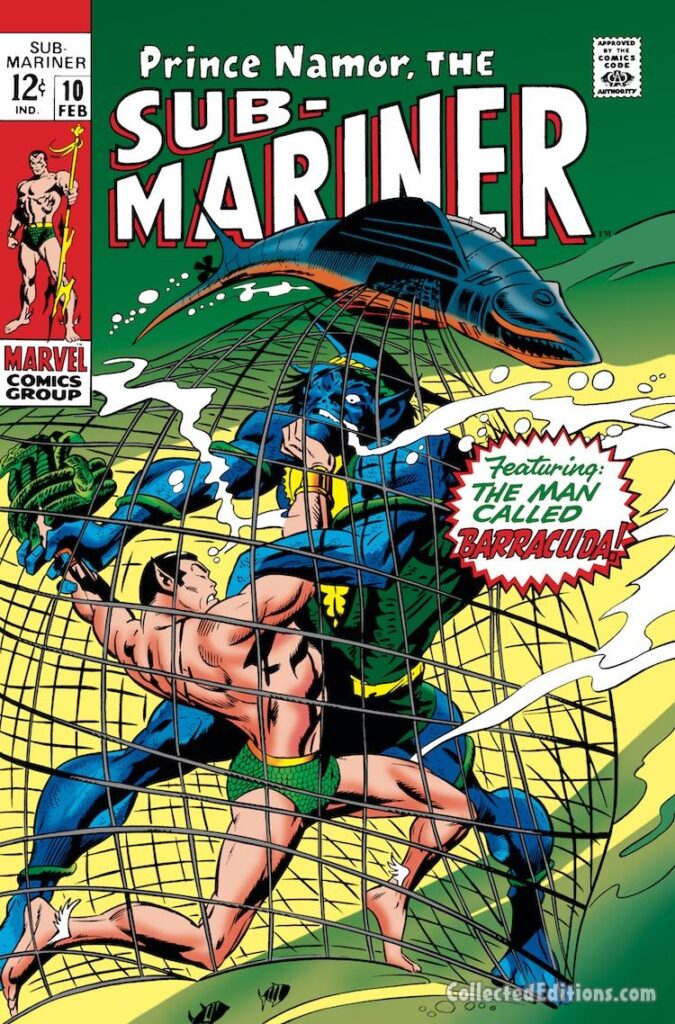 Sub-Mariner #10 cover; pencils, Gene Colan; inks, Dan Adkins; Prince Namor, The Man Called Barracuda