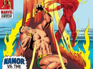 Sub-Mariner #14 cover; pencils, Marie Severin; inks, Frank Giacoia; Namor vs. the Human Torch