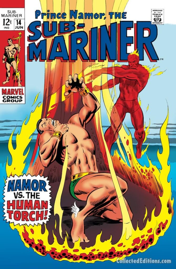 Sub-Mariner #14 cover; pencils, Marie Severin; inks, Frank Giacoia; Namor vs. the Human Torch