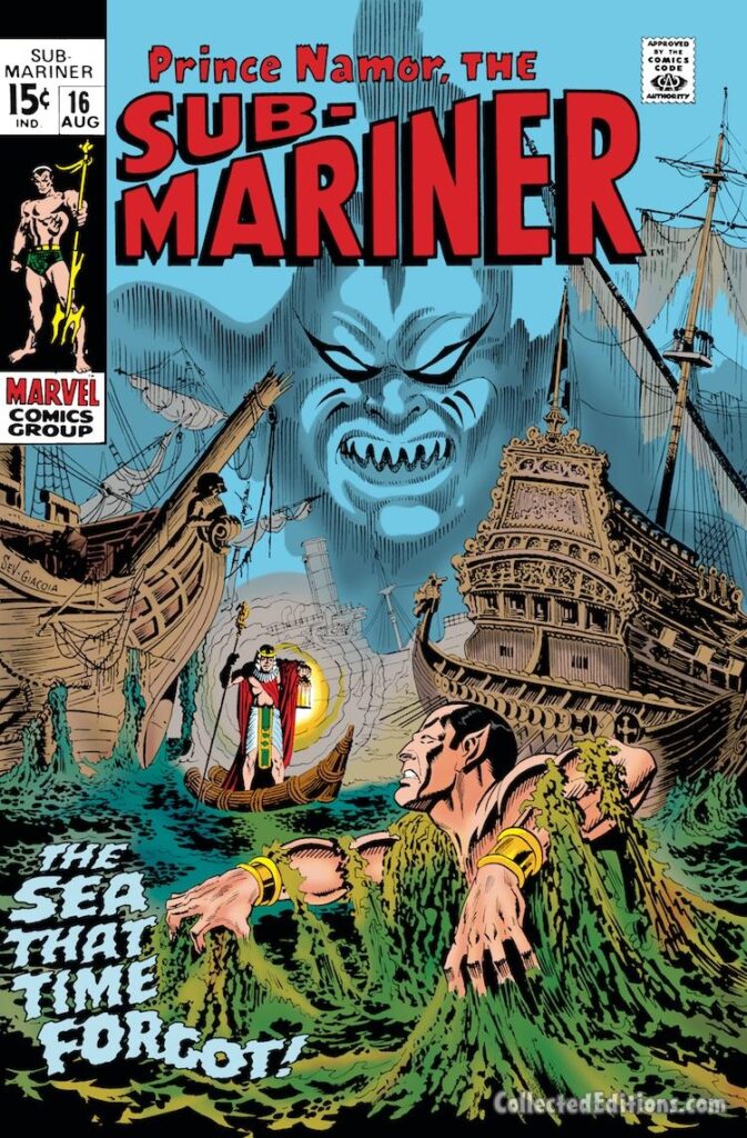 Sub-Mariner #16 cover; pencils, Marie Severin; inks, Frank Giacoia; Tiger Shark, The Sea That Time Forgot