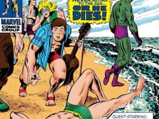 Sub-Mariner #18 cover; pencils, Marie Severin; inks, Mike Esposito; alterations, John Romita Sr.; Triton, beach scene, guitar player, Inhumans