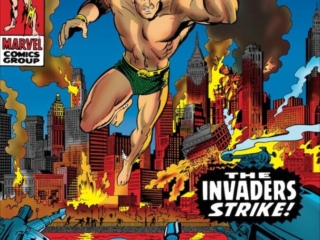 Sub-Mariner #21 cover; pencils, Marie Severin; inks, Johnny Craig; The Invaders Strike