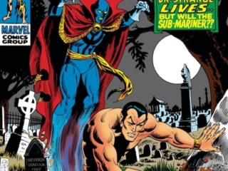 Sub-Mariner #22 cover; pencils, Marie Severin; inks, Frank Giacoia; Dr. Strange, Doctor Strange, cemetery, graveyard, Defenders