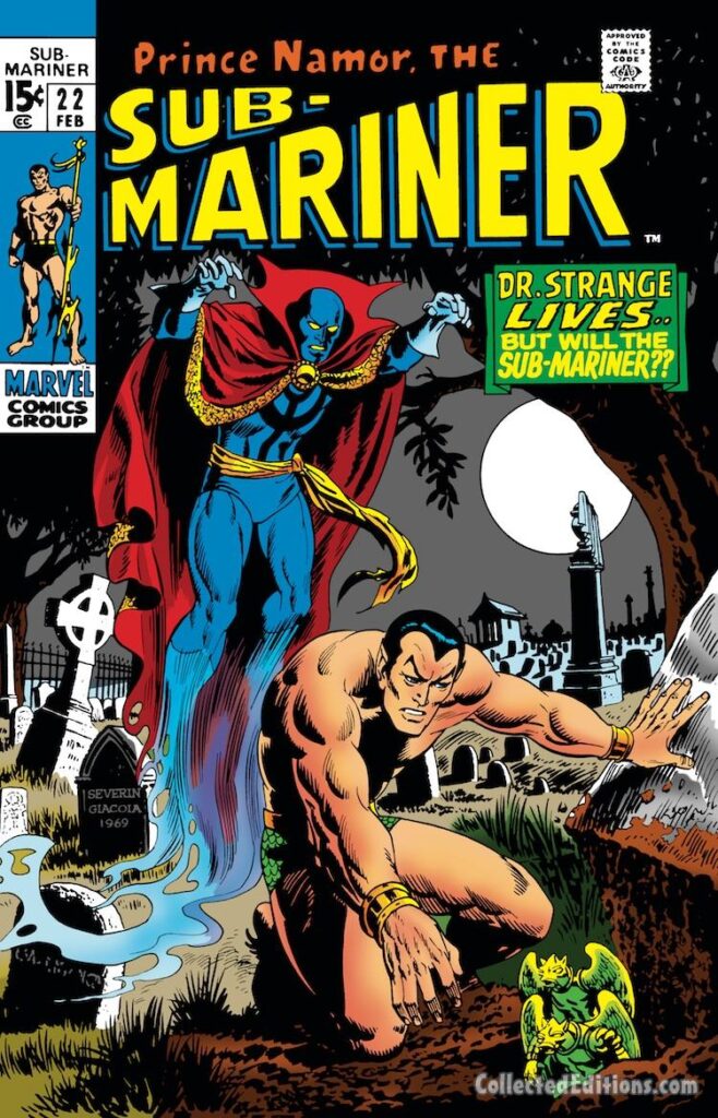 Sub-Mariner #22 cover; pencils, Marie Severin; inks, Frank Giacoia; Dr. Strange, Doctor Strange, cemetery, graveyard, Defenders