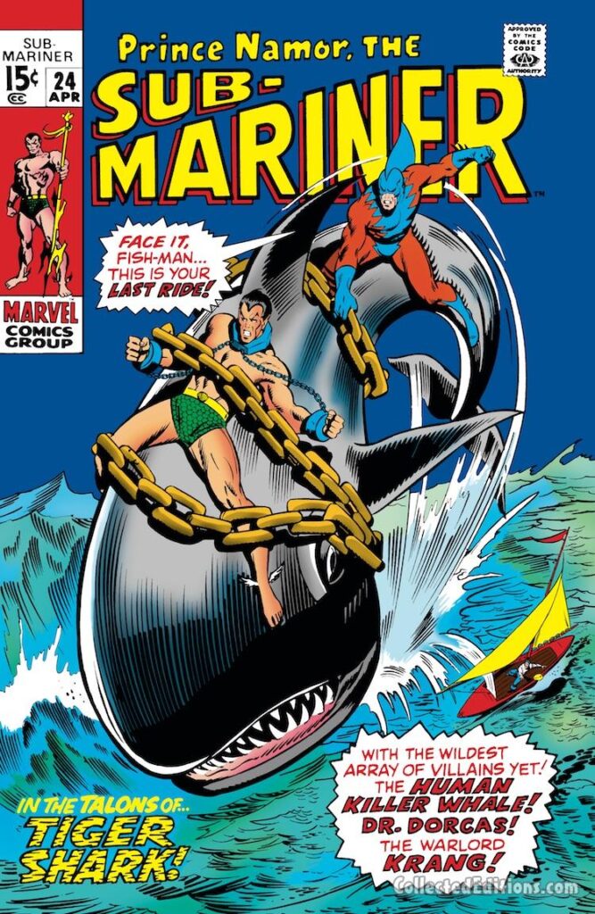 Sub-Mariner #24 cover; pencils, John Buscema; inks, Johnny Craig; Tiger Shark, Orka, Dr. Dorcas