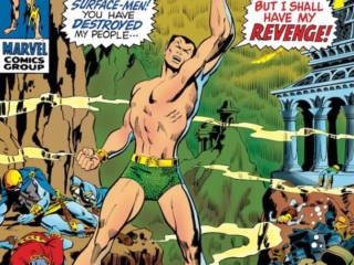 Sub-Mariner #25 cover; pencils, Marie Severin; inks, Sal Buscema; Atlantis destroyed by Nuclear weapons, toxic