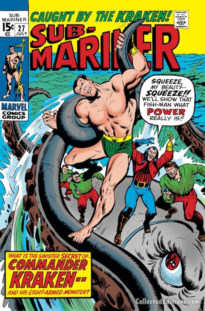 Sub-Mariner #27 cover; pencils, Sal Buscema; inks, Mike Esposito; Commander Kraken, giant octopus, squid