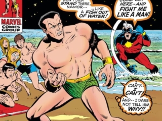Sub-Mariner #30 cover; pencils, Sal Buscema; inks, Mike Esposito; Captain Marvel/Mar-Vell, Namor on the beach