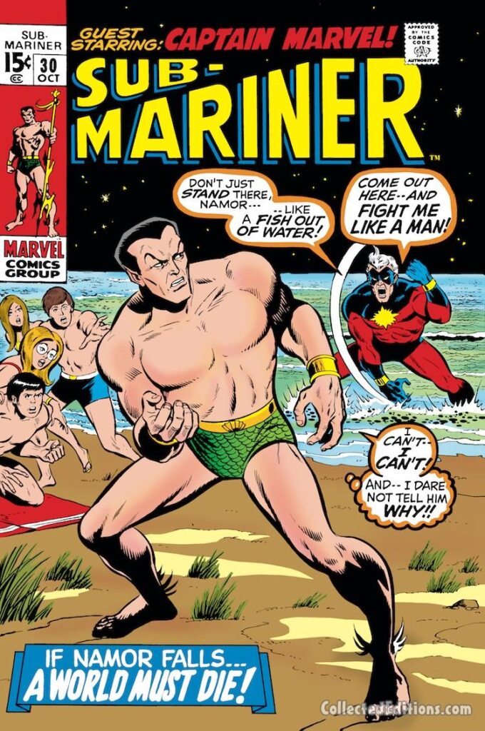 Sub-Mariner #30 cover; pencils, Sal Buscema; inks, Mike Esposito; Captain Marvel/Mar-Vell, Namor on the beach