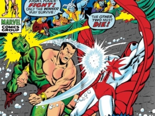 Sub-Mariner #31 cover; layout, Marie Severin; pencils and inks, Sal Buscema; Stingray/Triton/Attuman/Namor