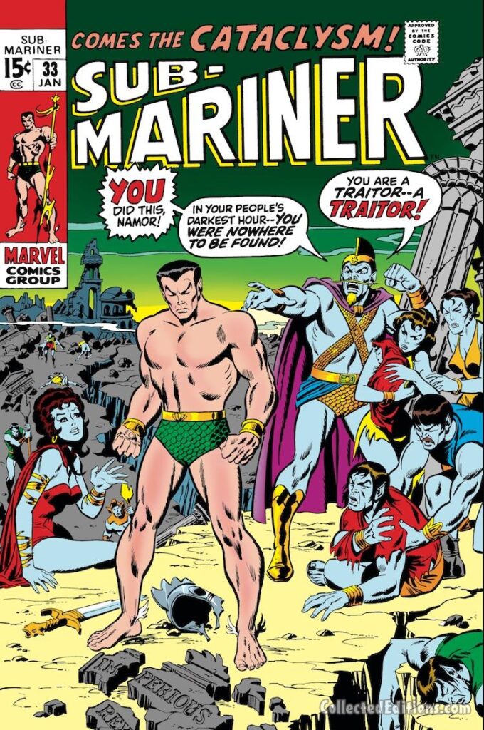 Sub-Mariner #33 cover; pencils and inks, Sal Buscema; alterations, Marie Severin; Namor, traitor, Lady Dorma