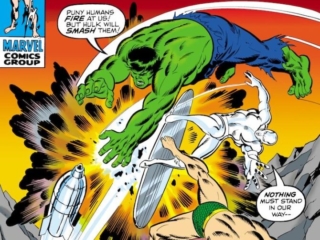 Sub-Mariner #34 cover; pencils and inks, Sal Buscema; Silver Surfer, Namor, Incredible Hulk, first appearance of the Defenders, Roy Thomas