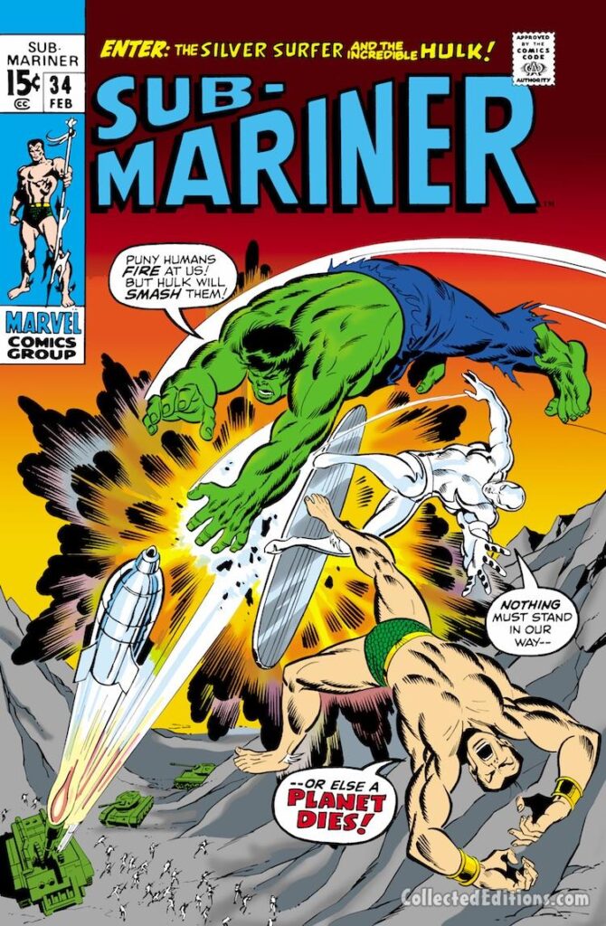 Sub-Mariner #34 cover; pencils and inks, Sal Buscema; Silver Surfer, Namor, Incredible Hulk, first appearance of the Defenders, Roy Thomas