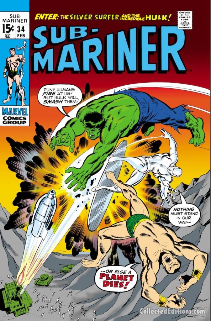 Sub-Mariner #34 cover; pencils and inks, Sal Buscema; Defenders, Hulk, Silver Surfer
