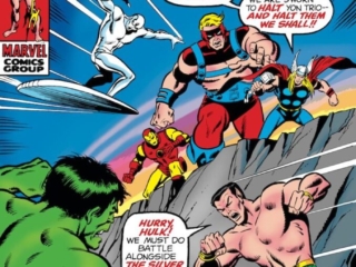 Sub-Mariner #35 cover; pencils and inks, Sal Buscema; alterations, Herb Trimpe; Silver Surfer, Hulk, Sub-Mariner versus Avengers