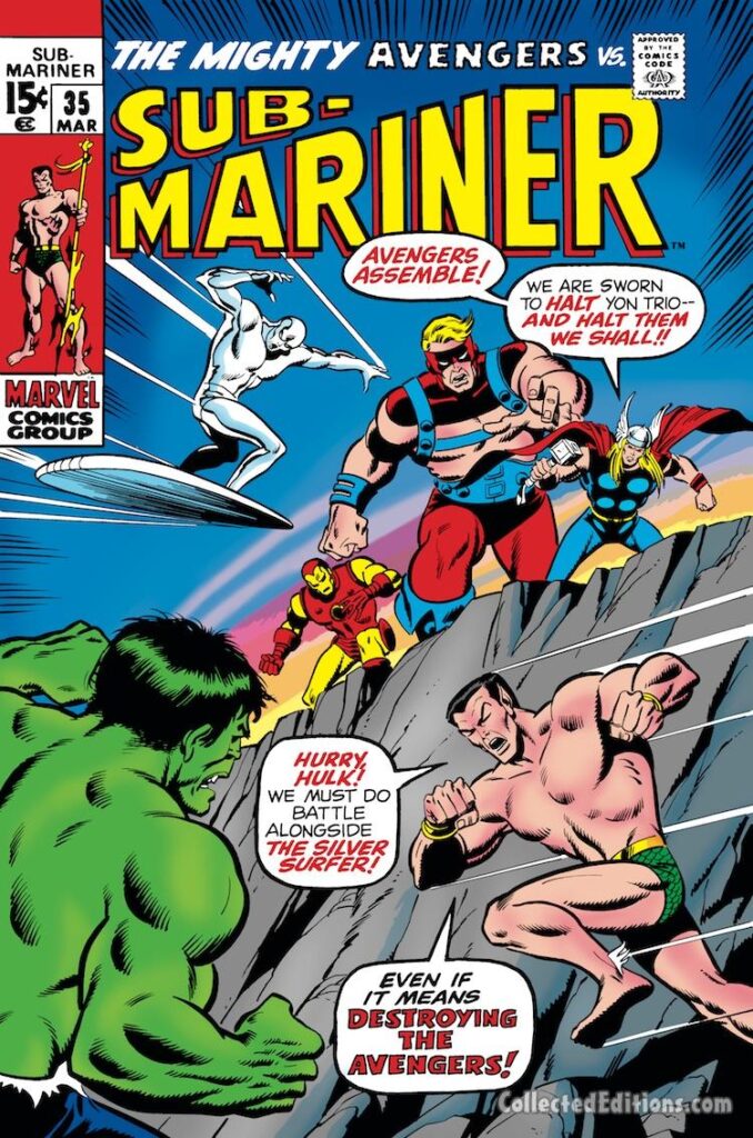 Sub-Mariner #35 cover; pencils and inks, Sal Buscema; alterations, Herb Trimpe; Silver Surfer, Hulk, Sub-Mariner versus Avengers