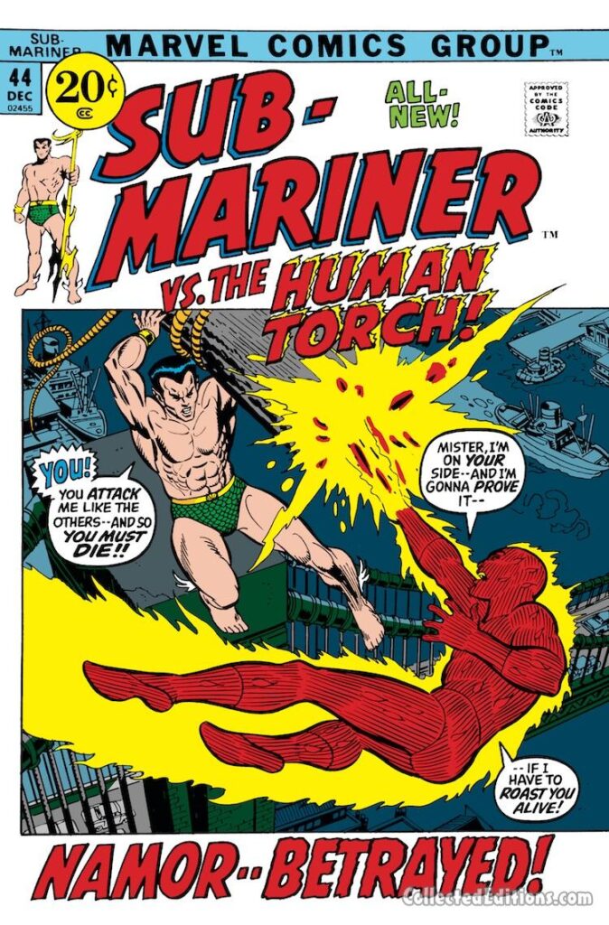 Sub-Mariner #44 cover; pencils, Gil Kane; inks, Frank Giacoia; Namor vs. Human Torch