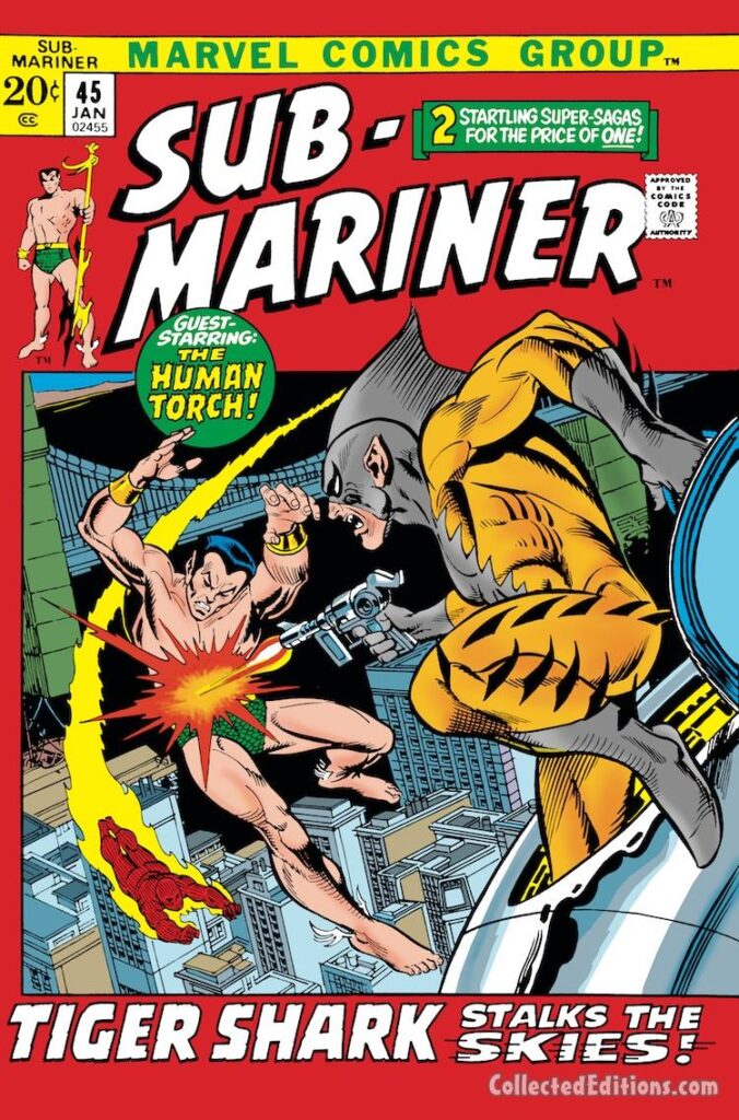 Sub-Mariner #45 cover; pencils, Gil Kane; Namor vs. Tiger Shark, Human Torch/Johnny Storm