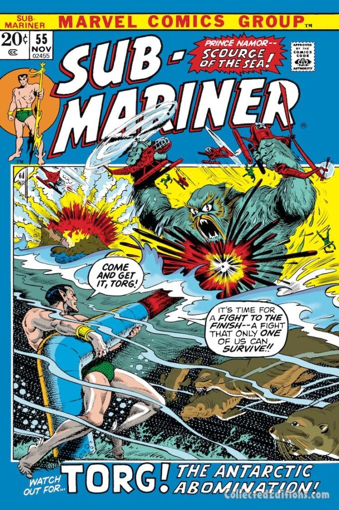 Sub-Mariner #55 cover; pencils and inks, Bill Everett; Come and Get it Torg, the Antarctic Abomination