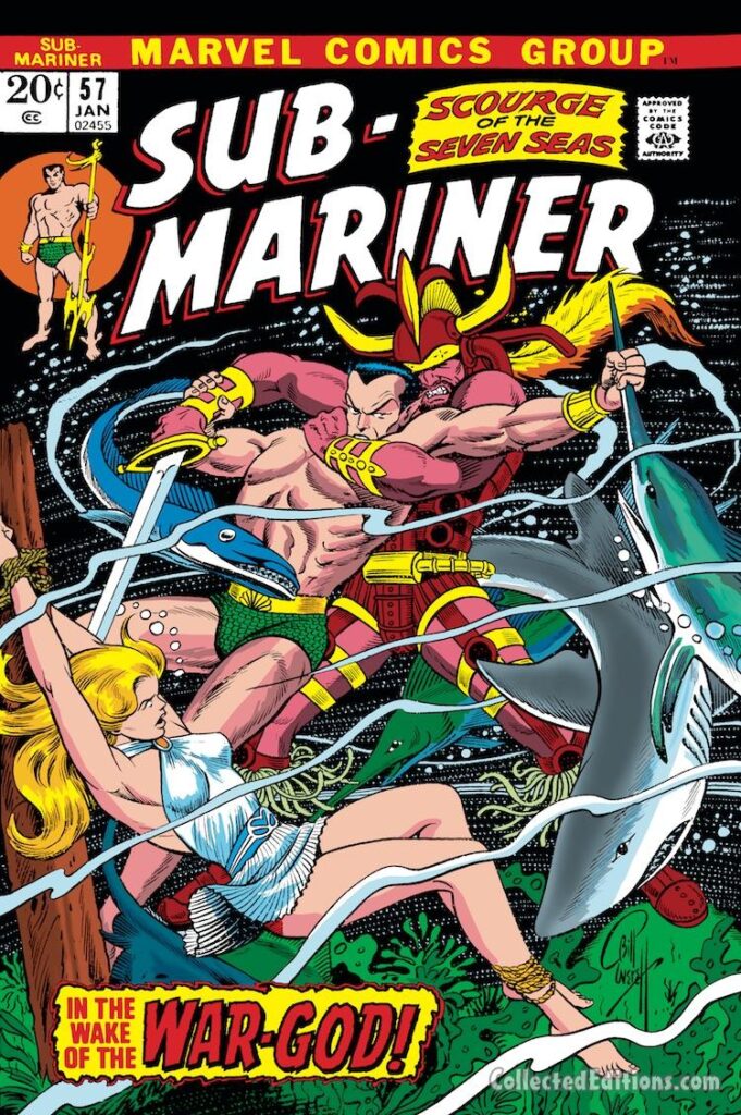 Sub-Mariner #57 cover; pencils and inks, Bill Everett; Namorita, War-God, sharks, swordfish