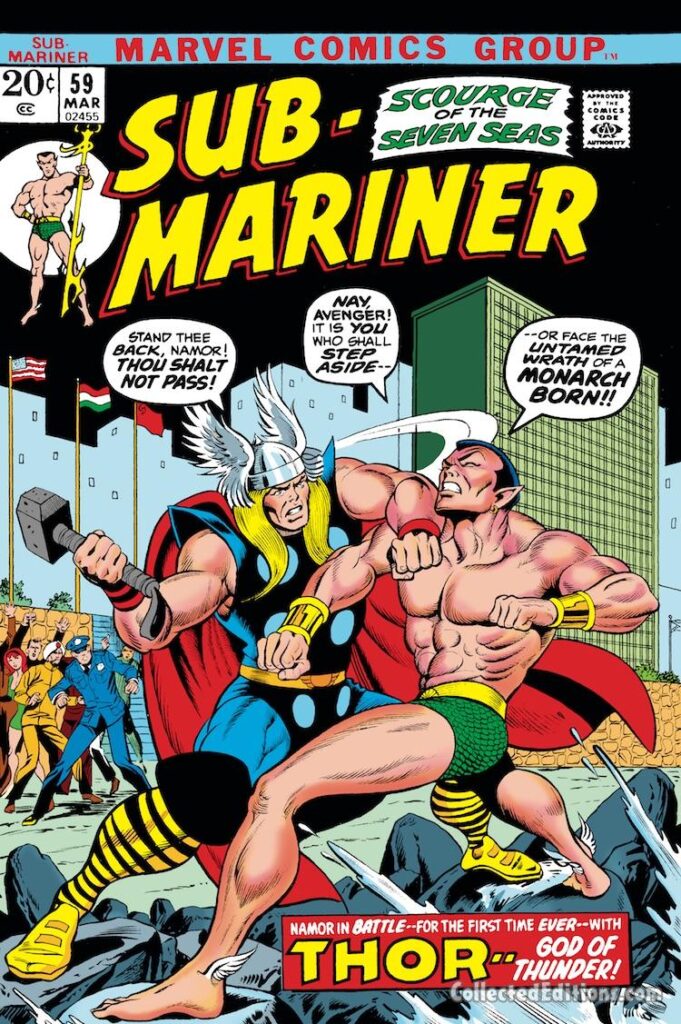 Sub-Mariner #59 cover; pencils, Jim Starlin; inks, uncredited; Thor vs. Namor, United Nations