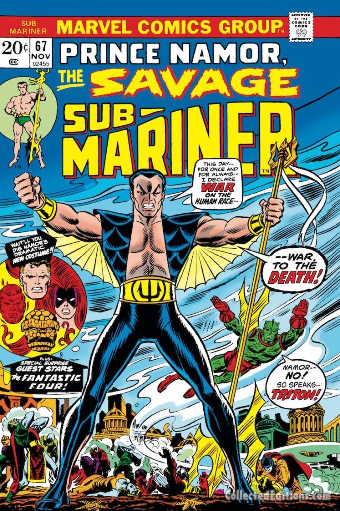 Sub-Mariner #67 cover; pencils and inks, John Romita Sr.; Prince Namor the Savage Sub-Mariner, new black costume, Triton, Inhumans, Fantastic Four
