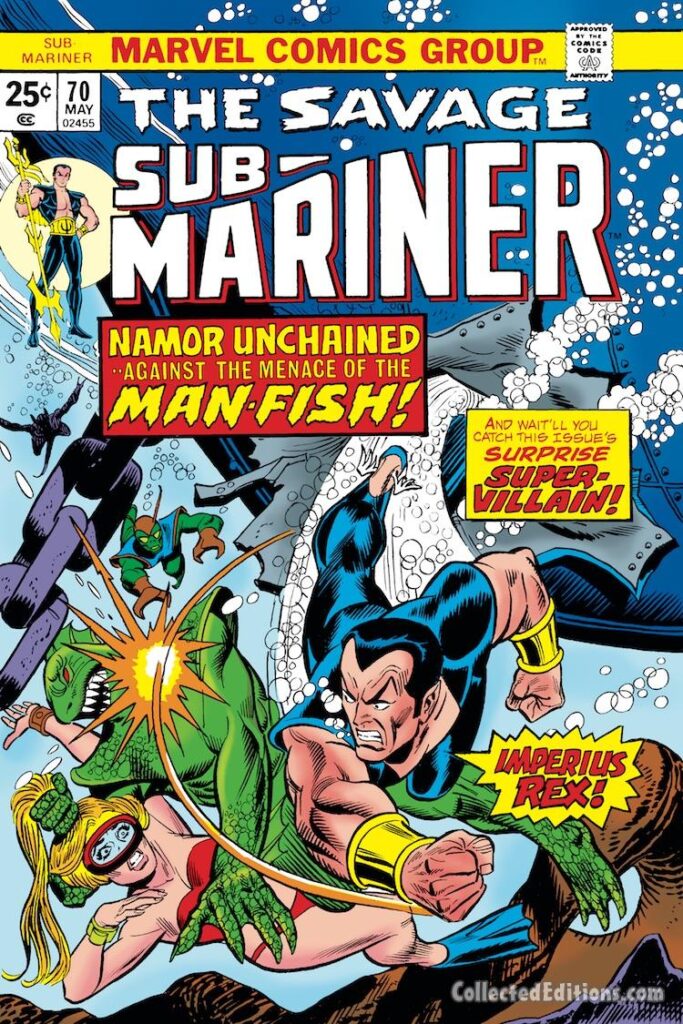 Sub-Mariner #70 cover; pencils, Gil Kane; inks, Frank Giacoia; Man-Fish, Imperius Rex, Namorita