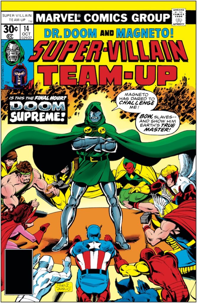 Super-Villain Team-Up #14 cover; pencils, John Byrne; inks, Terry Austin; Doctor Doom Supreme, Magneto, Hercules, Avengers
