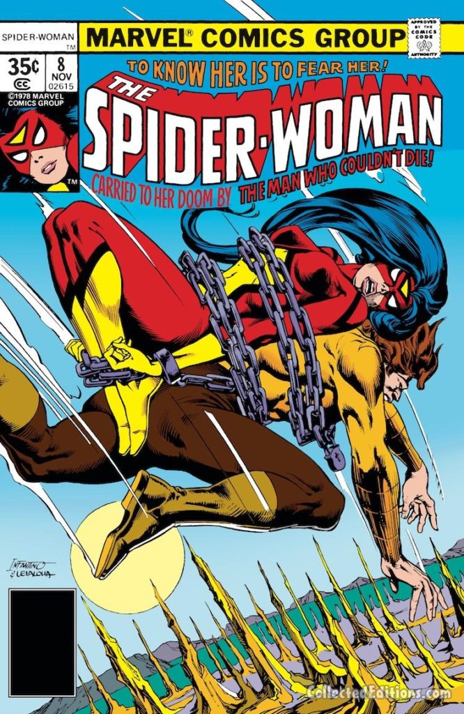 Spider-Woman #8 cover; pencils, Carmine Infantino; inks, Steve Leialoha