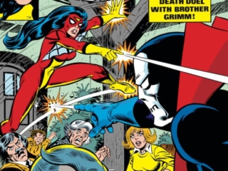 Spider-Woman #11 cover; pencils, Carmine Infantino; Brother Grimm
