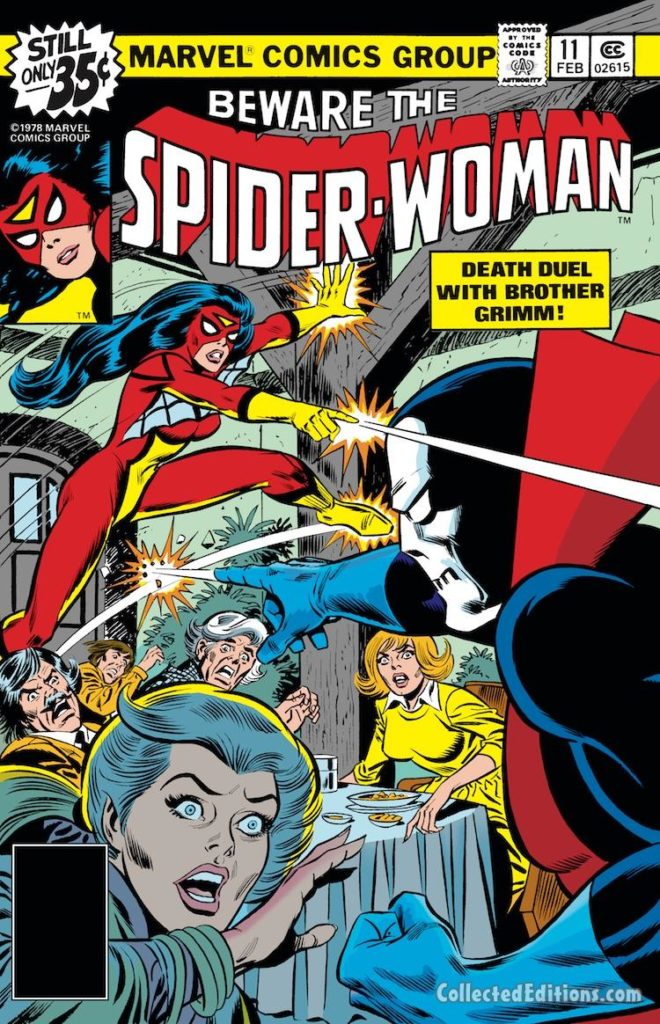 Spider-Woman #11 cover; pencils, Carmine Infantino; Brother Grimm