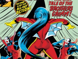 Spider-Woman #12 cover; pencils, Carmine Infantino; Brothers Grimm