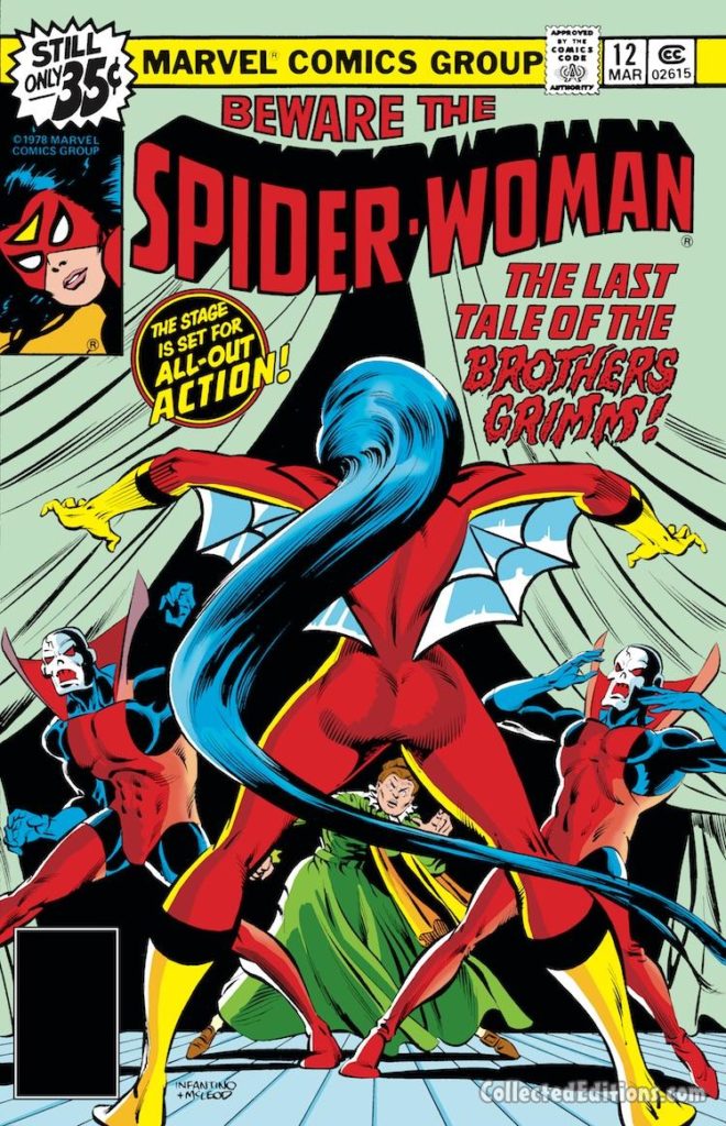Spider-Woman #12 cover; pencils, Carmine Infantino; Brothers Grimm