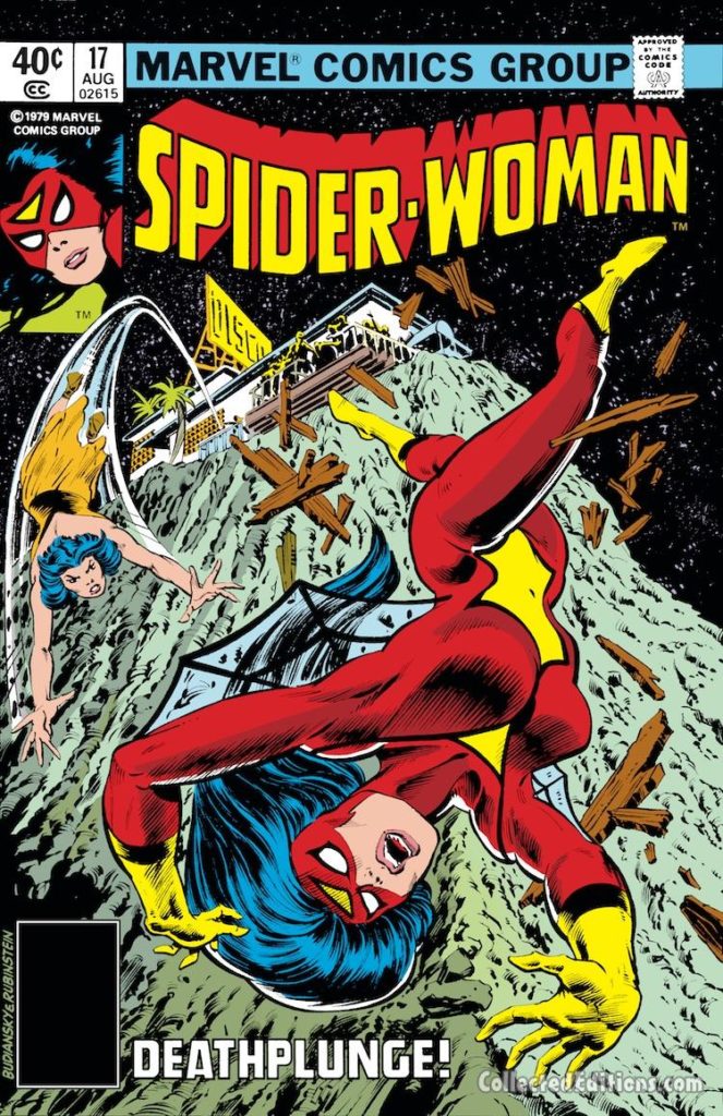 Spider-Woman #17 cover; pencils, Bob Budiansky; inks, Joe Rubinstein