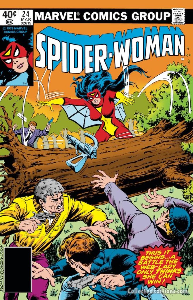 Spider-Woman #24 cover; pencils, Bob Budiansky; inks, Joe Rubinstein
