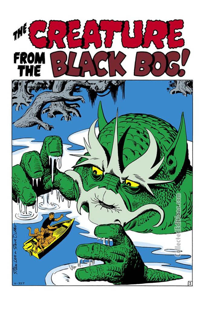 Tales of Suspense #23; “The Creature from the Black Bog!”, pg. 1; pencils and inks, Steve Ditko; splash page, Stan Lee