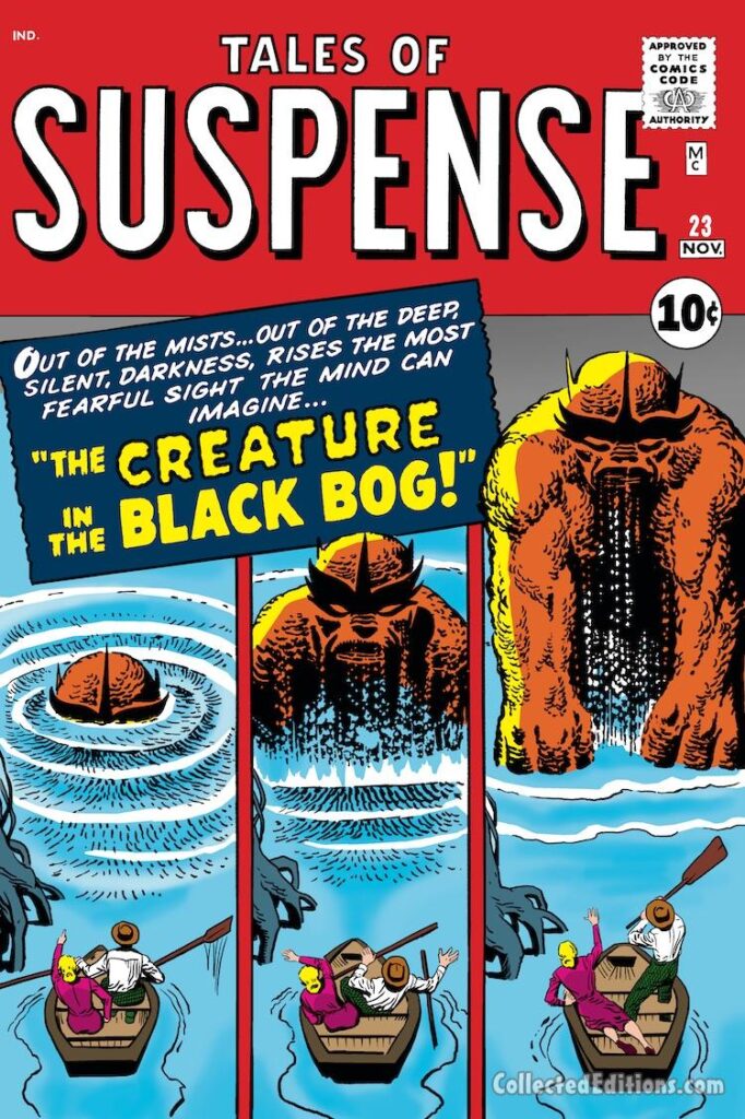 Tales of Suspense #23 cover; pencils, Jack Kirby; inks Steve Ditko; The Creature in the Black Bog, Marvel August 1961 Omnibus