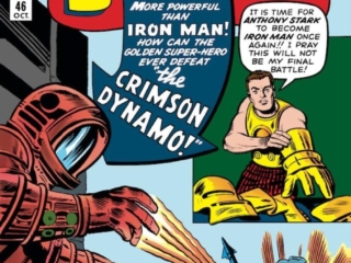 Tales of Suspense #46 cover; pencils, Jack Kirby; inks, Dick Ayers; More powerful than Iron Man, how can the golden super-hero ever defeat the Crimson Dynamo; Tony Anthony Stark