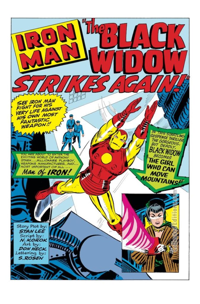 Tales of Suspense #53. Iron Man in “The Black Widow Strikes Again!”, pg. 1; pencils and inks, Don Heck; Stan Lee, The Girl Who Can Move Mountains, Natasha Romanoff
