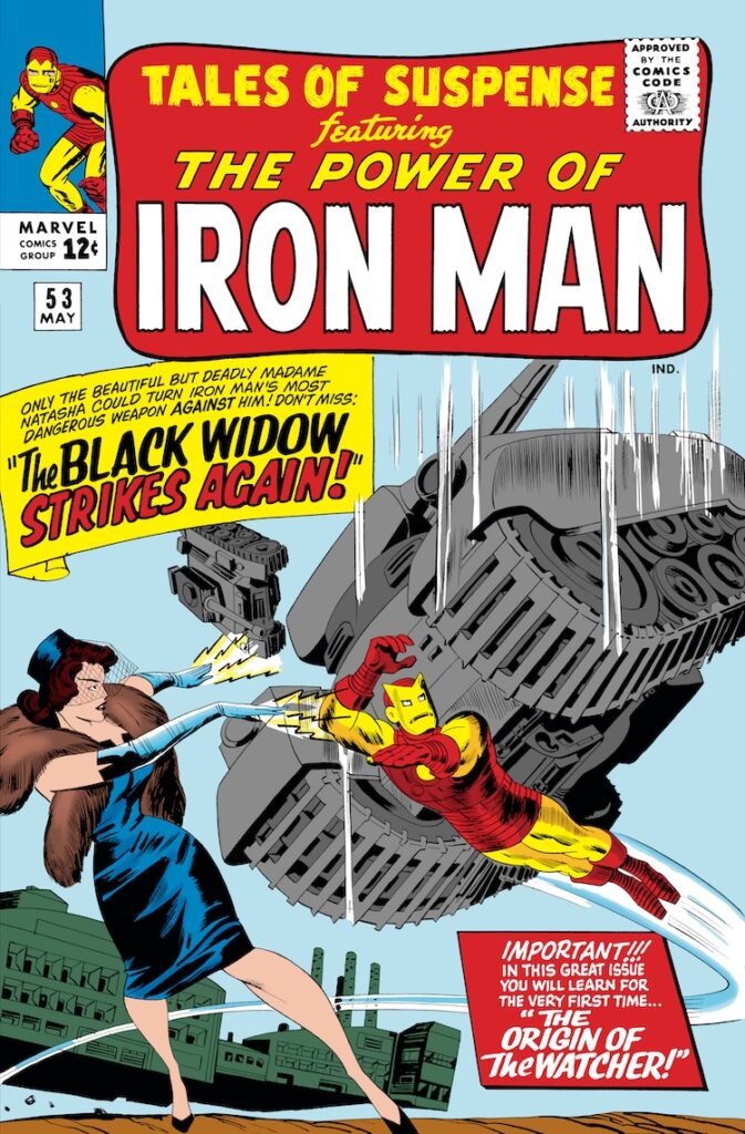 Tales of Suspense #53 cover; pencils, Jack Kirby; inks, Sol Brodsky; The Power of Iron Man; The Black Widow Strikes, Madame Natasha Romanoff, The Origin of the Watcher