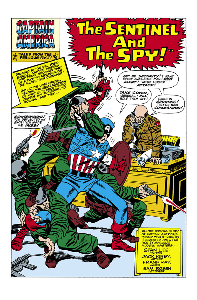 Tales of Suspense #68. Captain America in “The Sentinel and the Spy!”, pg. 1; pencils, Jack Kirby; inks, Frank Giacoia; World War II, Stan Lee