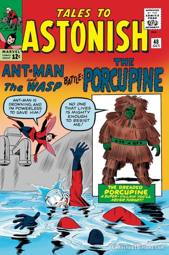 Tales to Astonish #48 cover; pencils, Jack Kirby; inks, Sol Brodsky; Ant-Man and the Wasp Battle the dreaded Porcupine