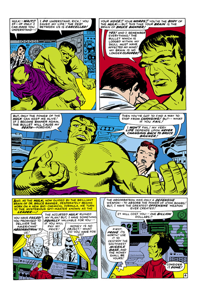 Tales to Astonish #70. Hulk in “To Live Again!”, pg. 4; pencils, Jack Kirby; inks, Mike Esposito; Rick Jones, the Leader