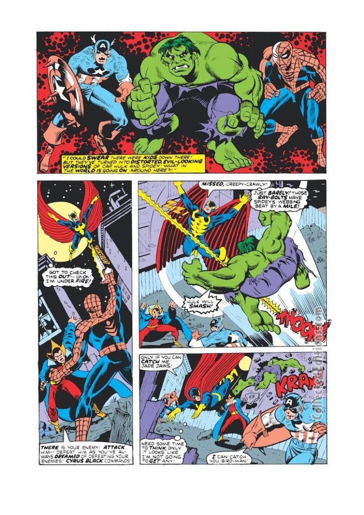 Tales to Astonish #13. “Deadly Game!”, pg. 2; pencils, Alan Kupperberg; inks, Bill Wray; Nighthawk solo story, Hulk, Spider-Man, Captain America