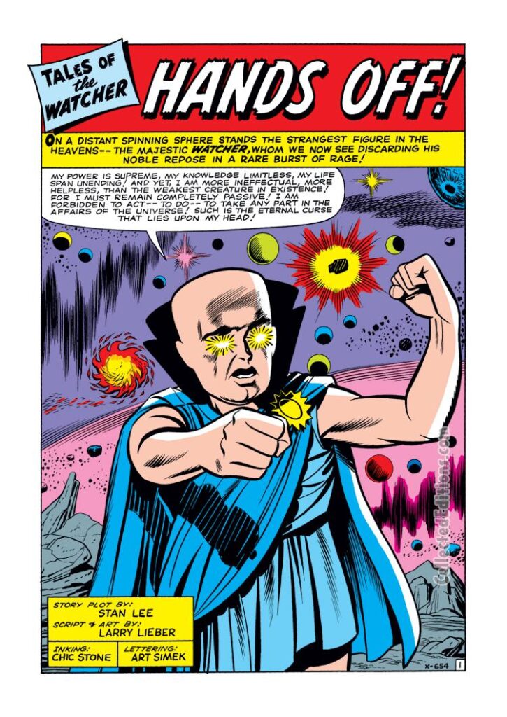 Tales of Suspense #54, “The Watcher”, pg. 21; pencils, Larry Lieber; inks, Chic Stone; Tales of the Watcher, Hands Off, Uatu