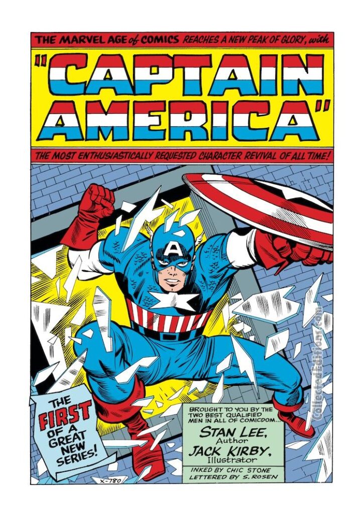 Tales of Suspense #59, pg. 1; pencils, Jack Kirby; inks, Chic Stone; splash page, Captain America, Stan Lee, Marvel Age, solo series