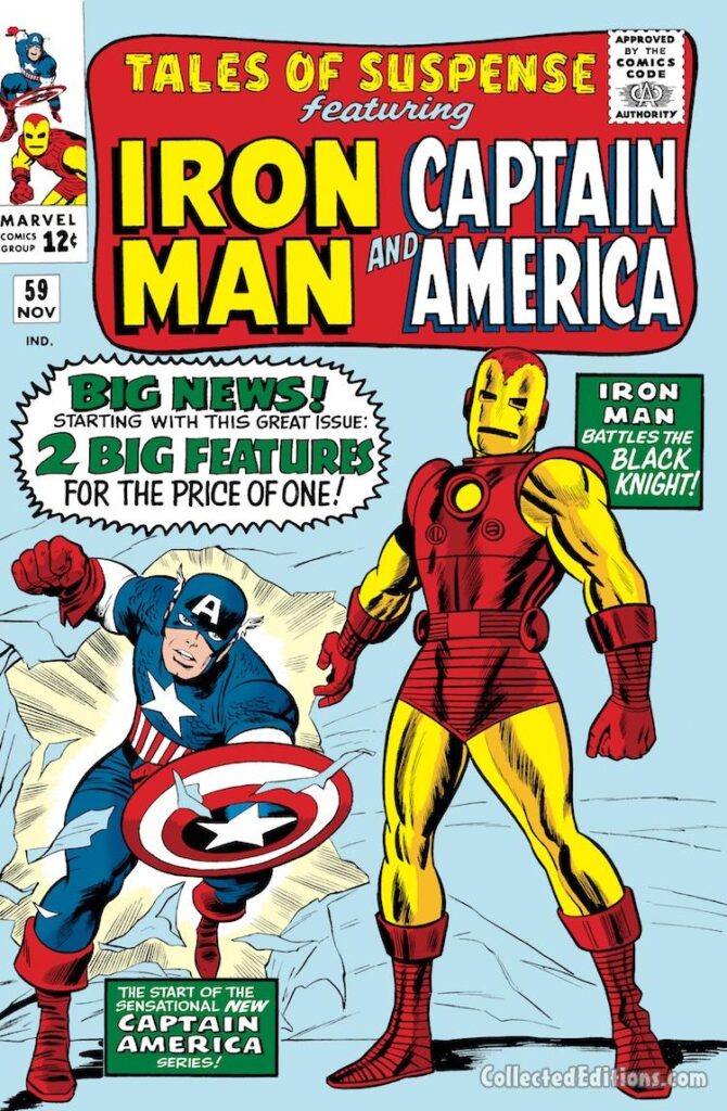 Tales of Suspense #59 cover; pencils, Jack Kirby; inks, Dick Ayers; Iron Man, Captain America, new series