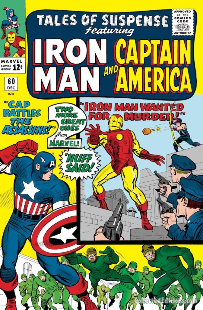 Tales of Suspense #60 cover; pencils, Jack Kirby; inks, Chic Stone; Cap Battles the Assassins, Captain America, Iron Man