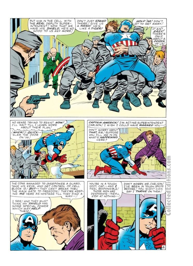 Tales of Suspense #62, pg. 4; pencils, Jack Kirby; inks, Chic Stone; Captain America, Superindent Carlson, Prison riot