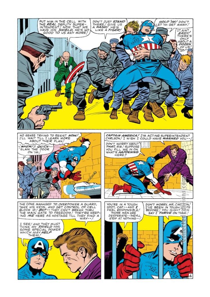 Tales of Suspense #62, pg. 4; pencils, Jack Kirby; inks, Chic Stone; Captain America, Cell-Block riot, prisoners